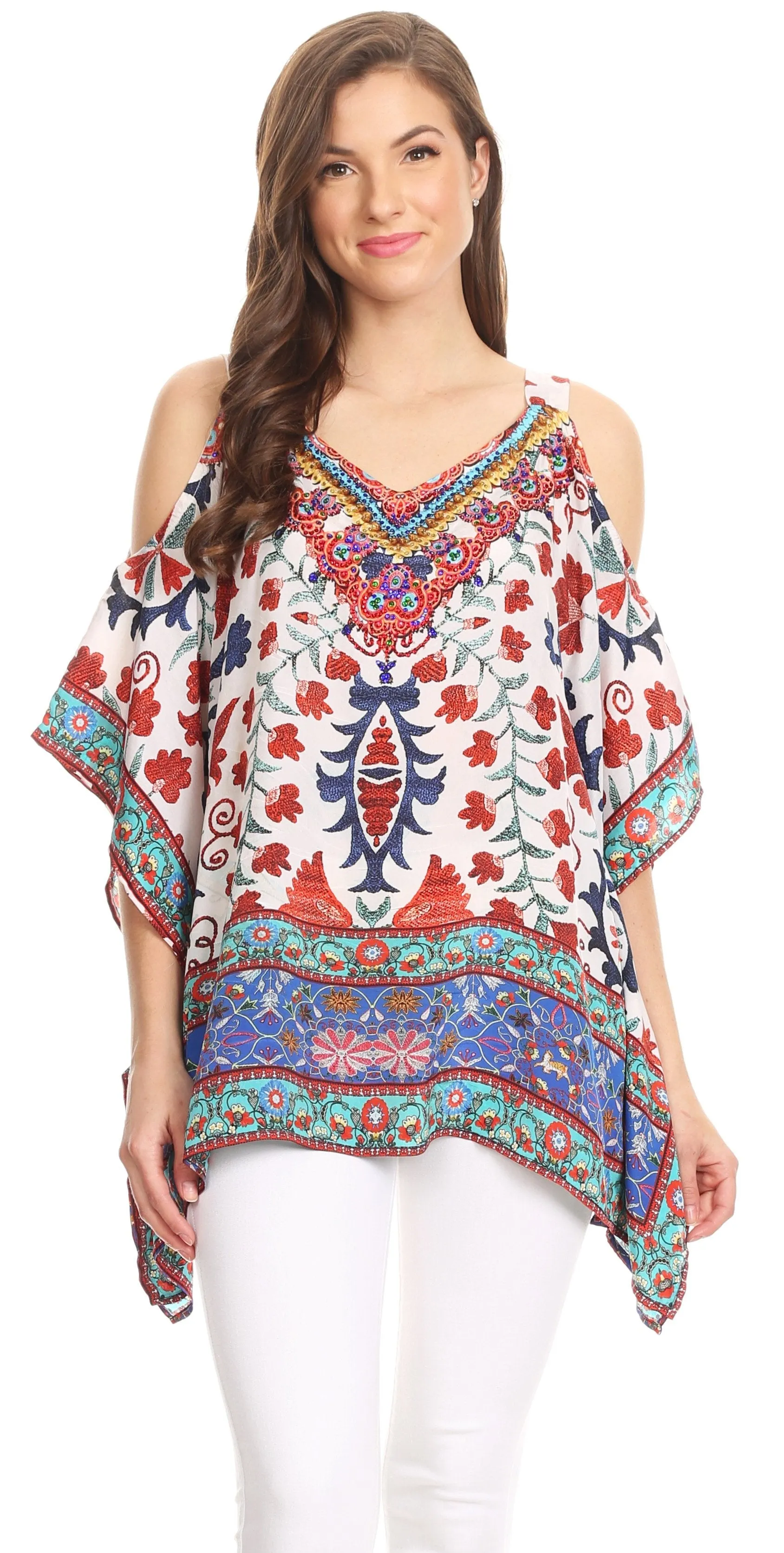 Sakkas Saanvi Printed Draped Short Sleeve Strap Cutout Shoulder V-Neck Kaftan Top