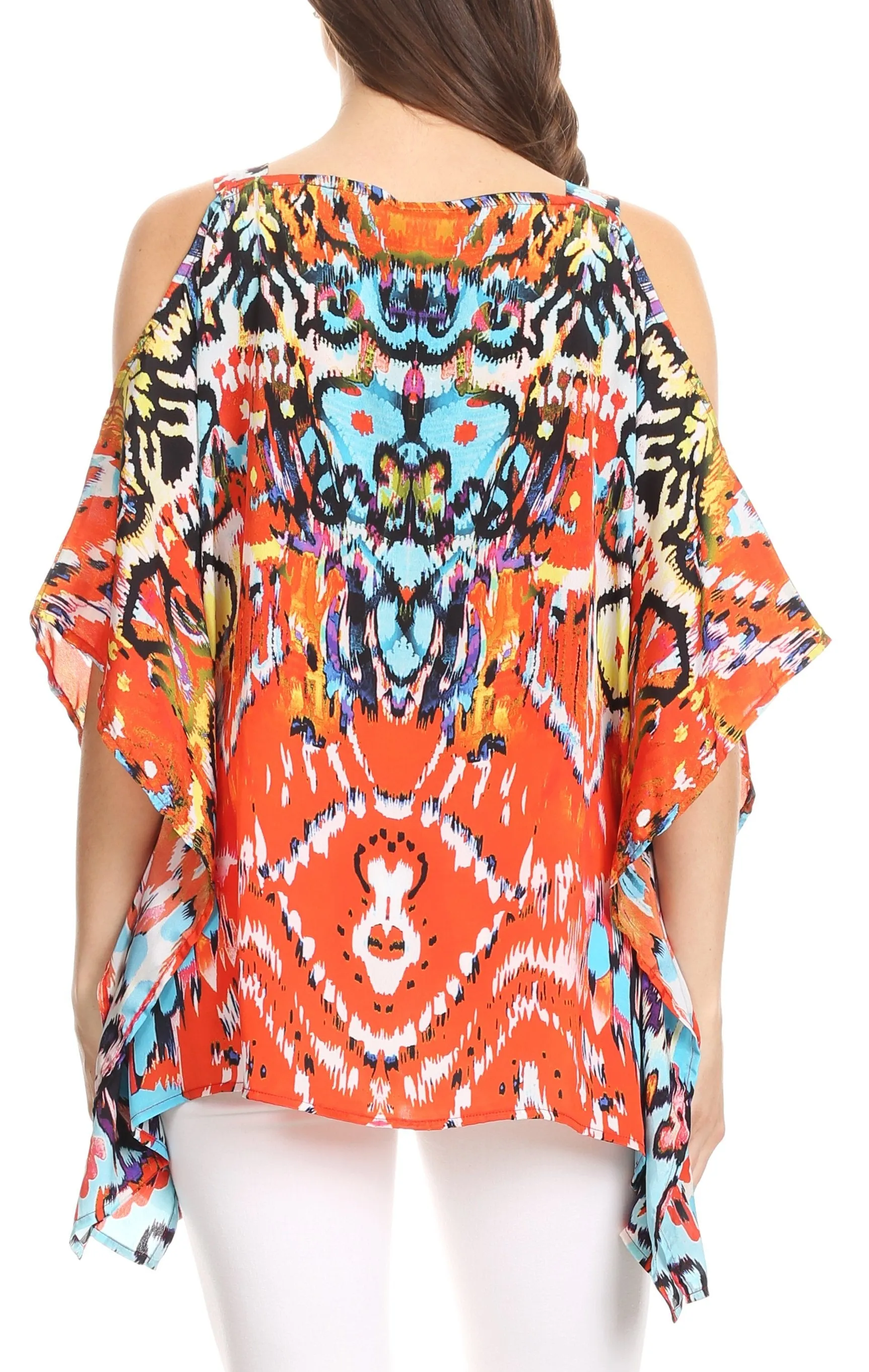 Sakkas Saanvi Printed Draped Short Sleeve Strap Cutout Shoulder V-Neck Kaftan Top