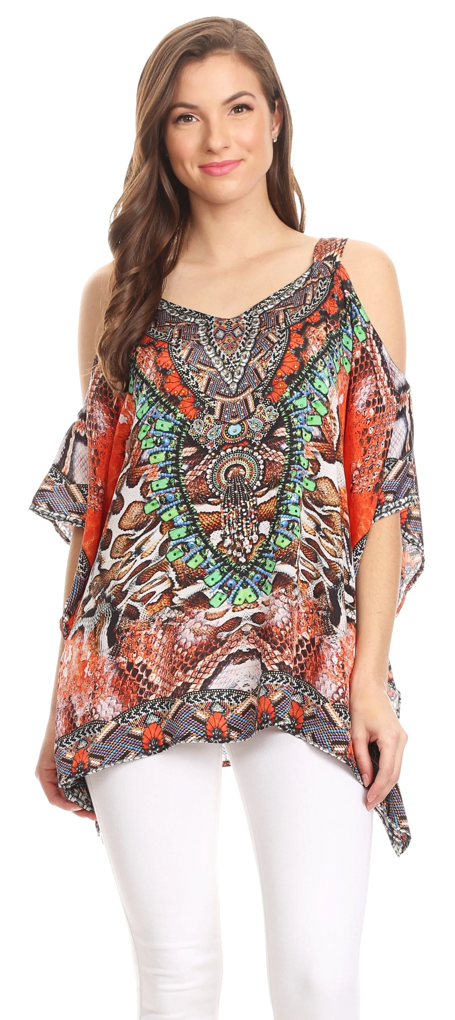 Sakkas Saanvi Printed Draped Short Sleeve Strap Cutout Shoulder V-Neck Kaftan Top