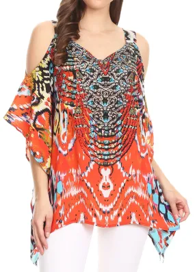 Sakkas Saanvi Printed Draped Short Sleeve Strap Cutout Shoulder V-Neck Kaftan Top