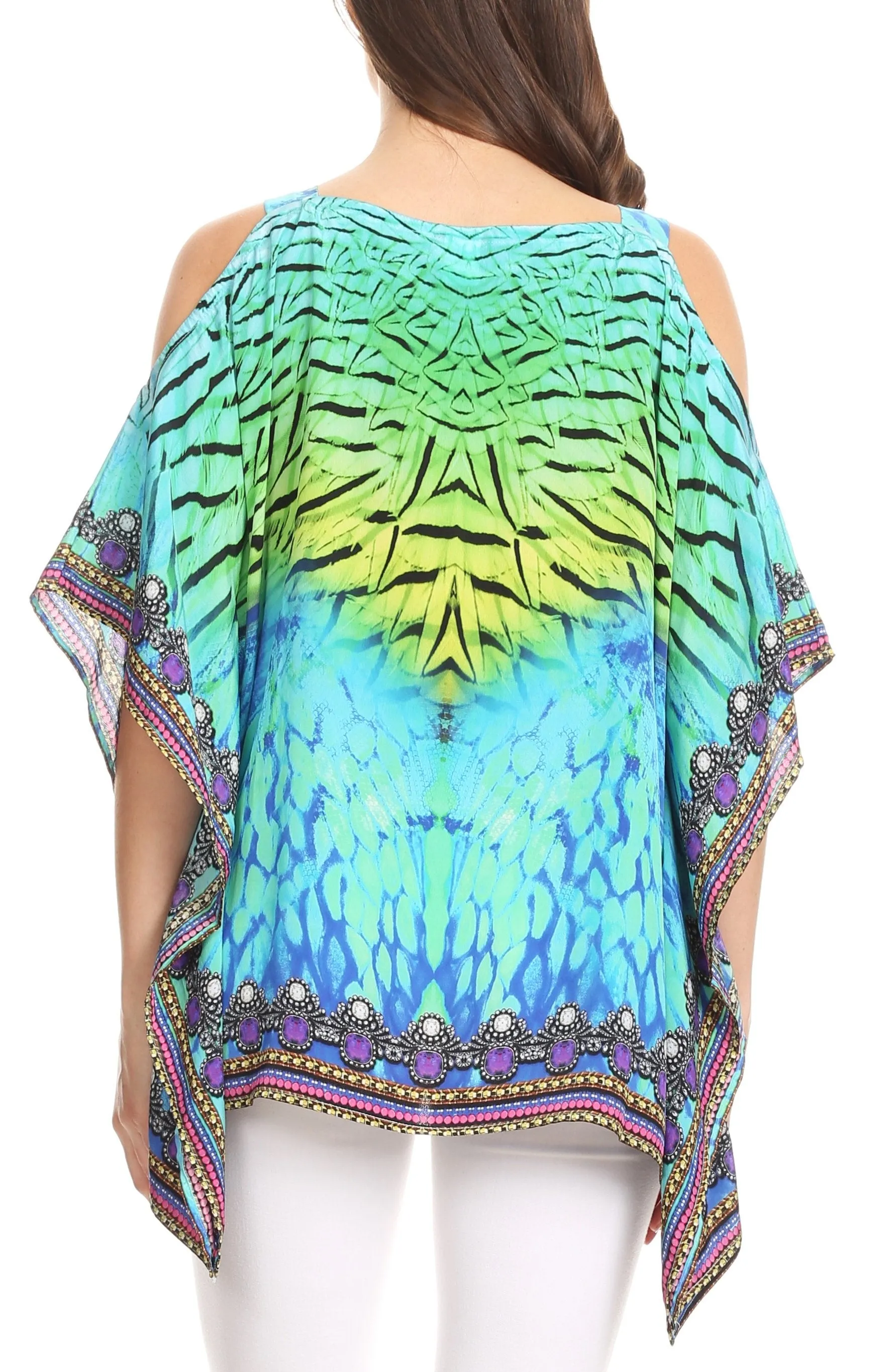 Sakkas Saanvi Printed Draped Short Sleeve Strap Cutout Shoulder V-Neck Kaftan Top