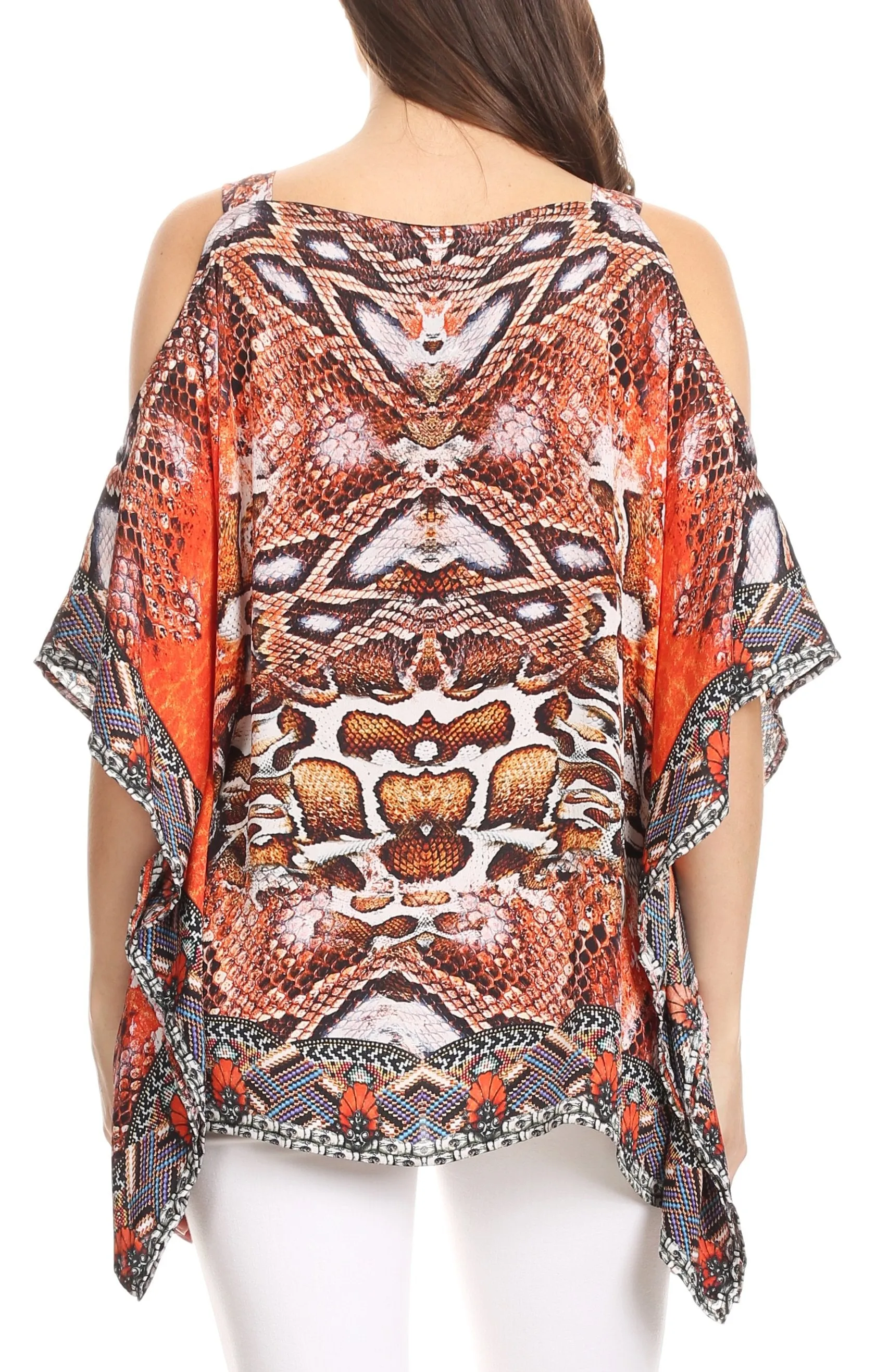 Sakkas Saanvi Printed Draped Short Sleeve Strap Cutout Shoulder V-Neck Kaftan Top