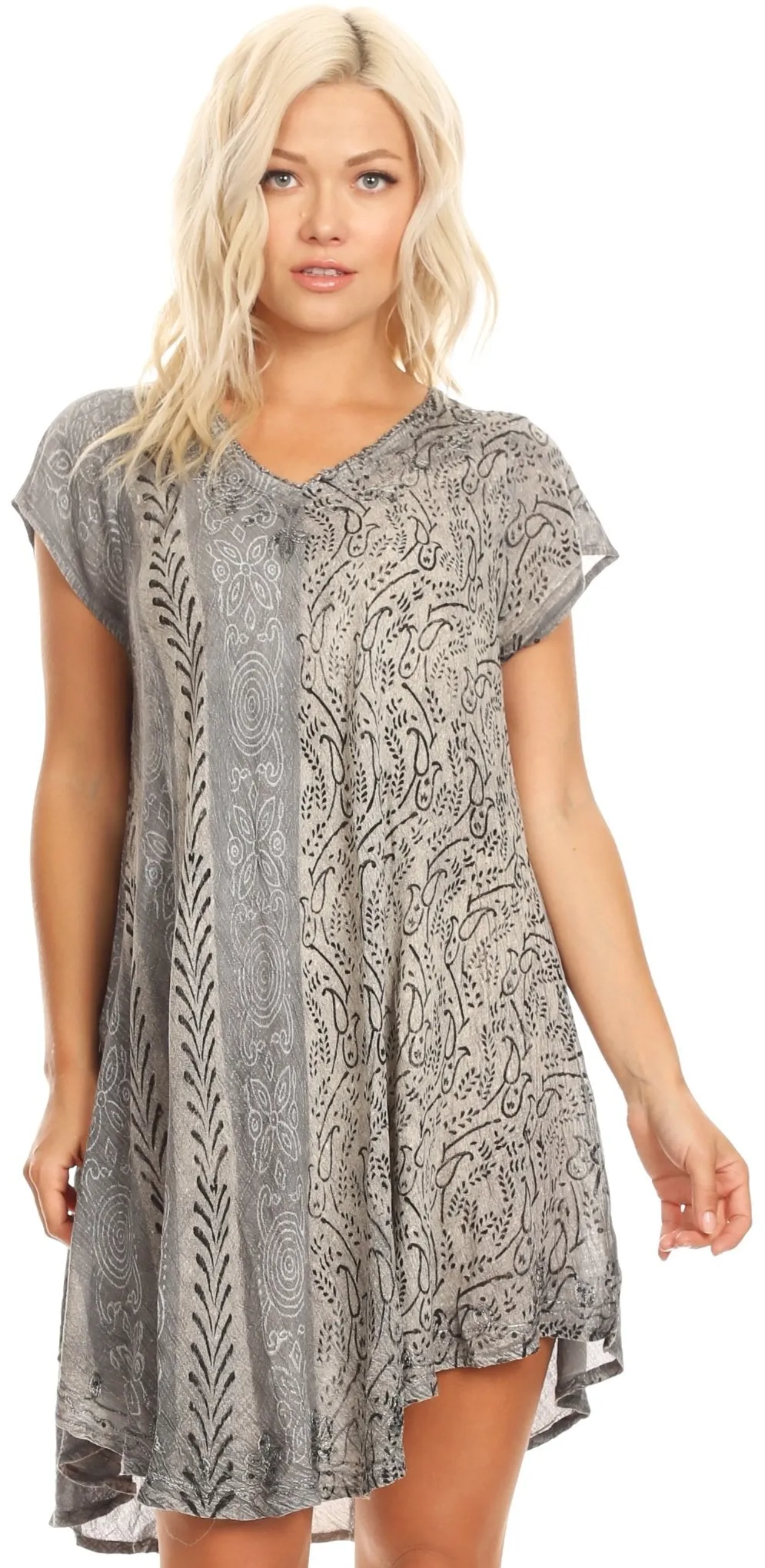 Sakkas Salina Womens Crinckle Cap Sleeve V neck Top Tunic Blouse Sequin & Print