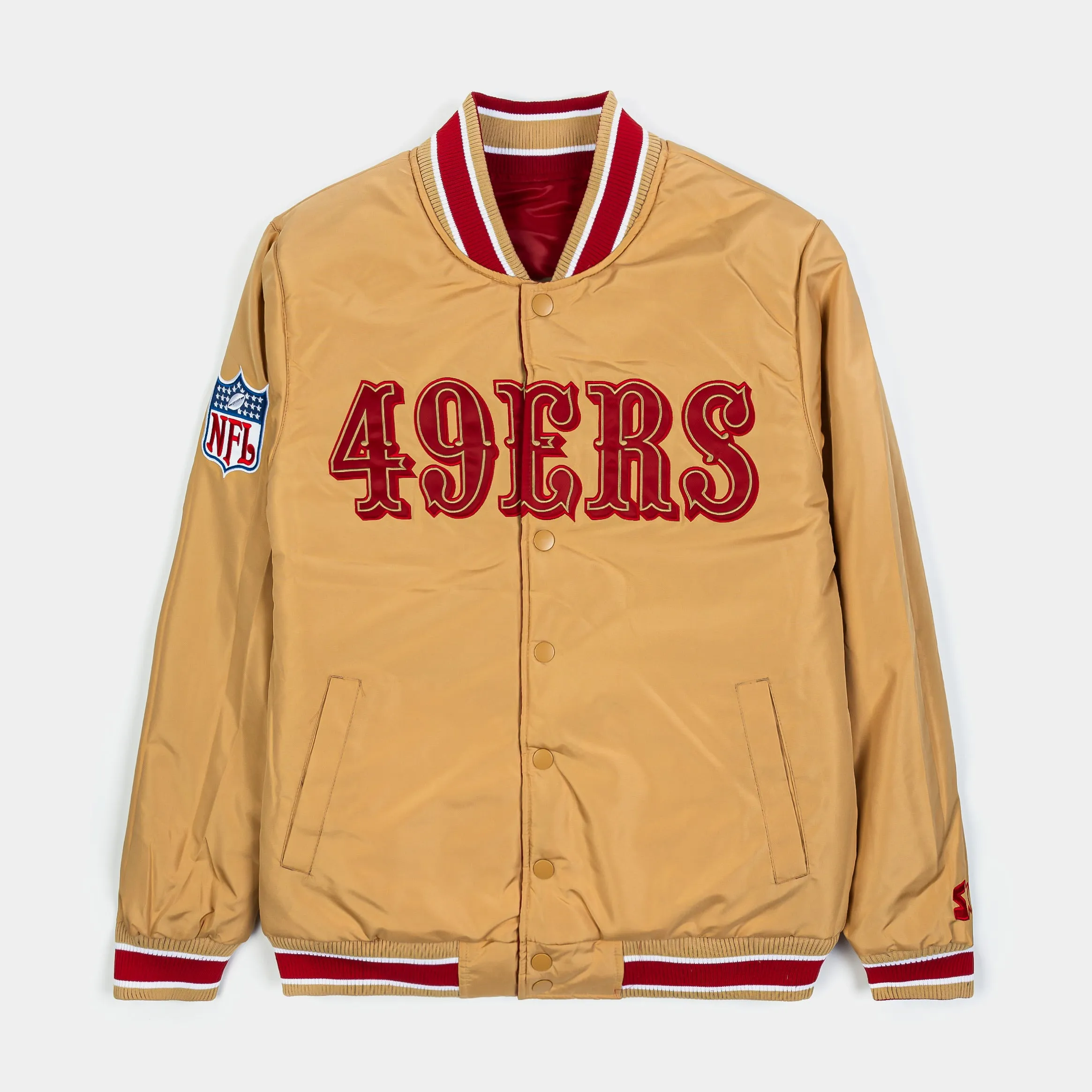 San Francisco 49ers Reversible Satin Bomber Mens Jacket (Red/Gold)