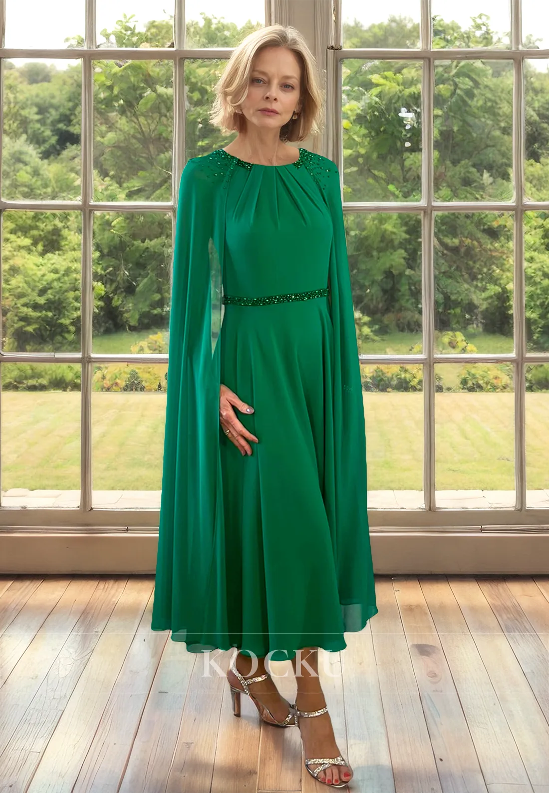 Scoop Neck A-Line Long Sleeves Two Piece Pleats Chiffon Mother of Bride with Beads Cocktail Dress