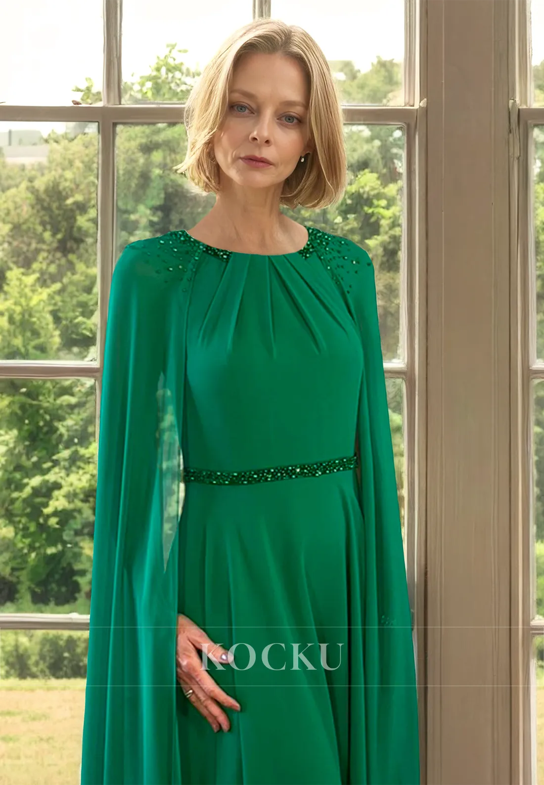 Scoop Neck A-Line Long Sleeves Two Piece Pleats Chiffon Mother of Bride with Beads Cocktail Dress