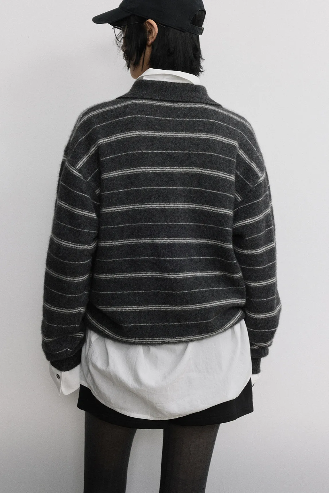 Sheep wool blend yak down striped pattern polo sweater | 2 color