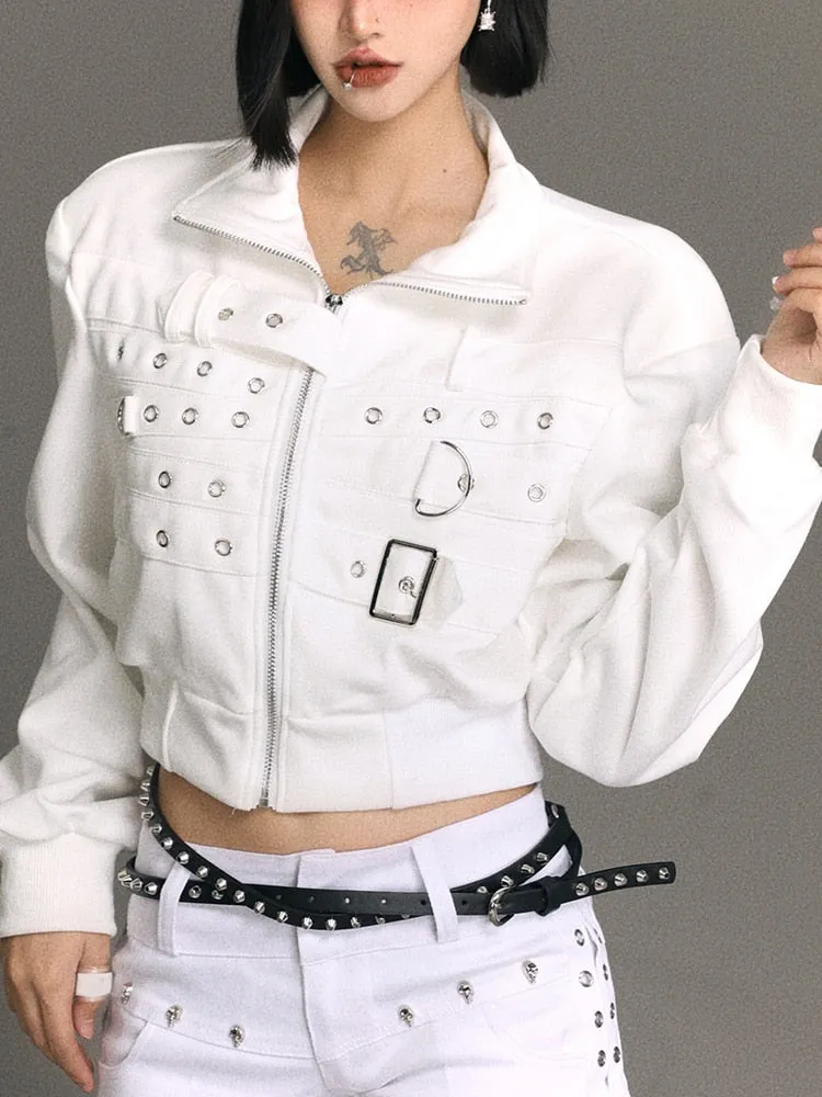 Solid Chic Short Jackets For Women Lapel Long Sleeve Patchwork Zipper Casual Jacket Female Fashion Style Clothing