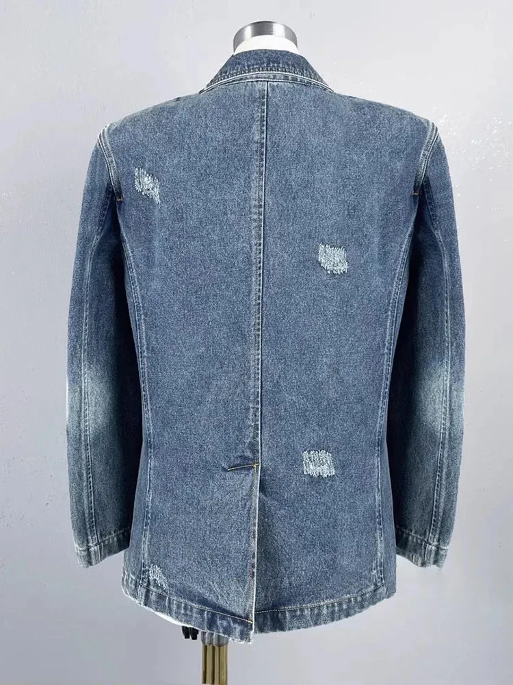 Solid Patchwork Appliques Casual Denim Coat For Women Notched Collar Long Sleeve Spliced Button Minimalist Jacket Female