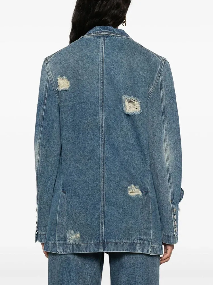 Solid Patchwork Appliques Casual Denim Coat For Women Notched Collar Long Sleeve Spliced Button Minimalist Jacket Female