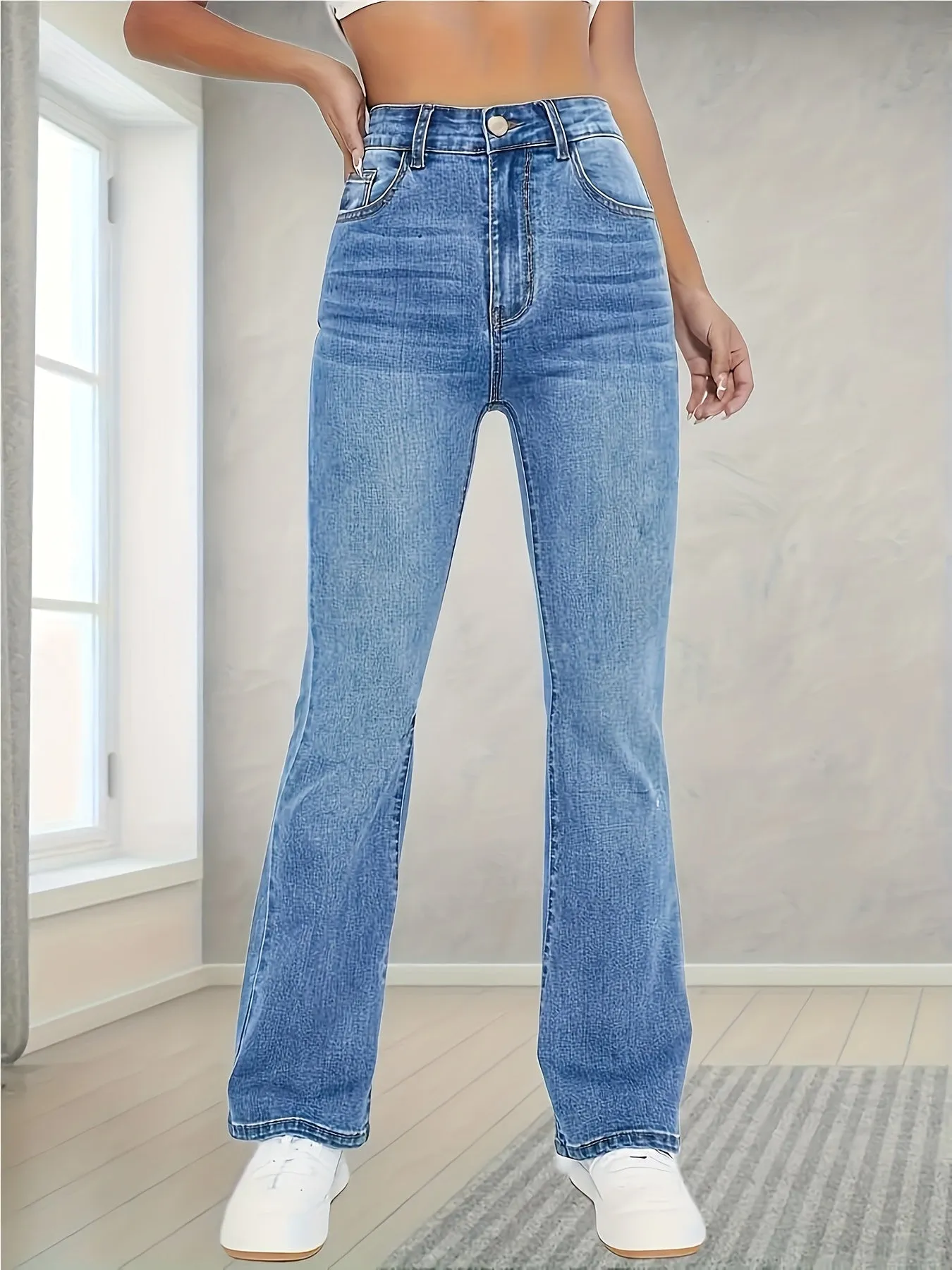 Stretchy High Waist Jeans for Women Straight Leg Denim Pants