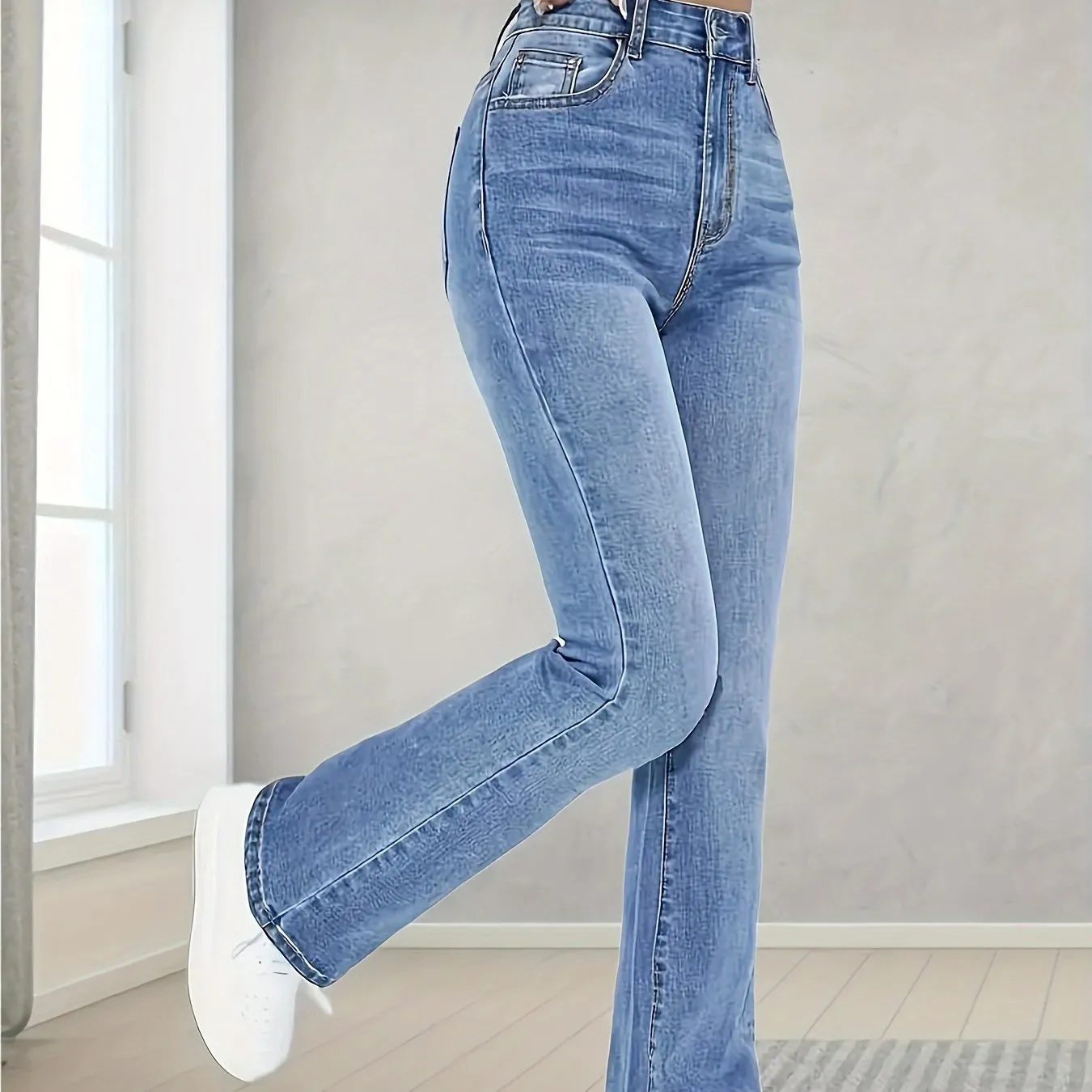 Stretchy High Waist Jeans for Women Straight Leg Denim Pants