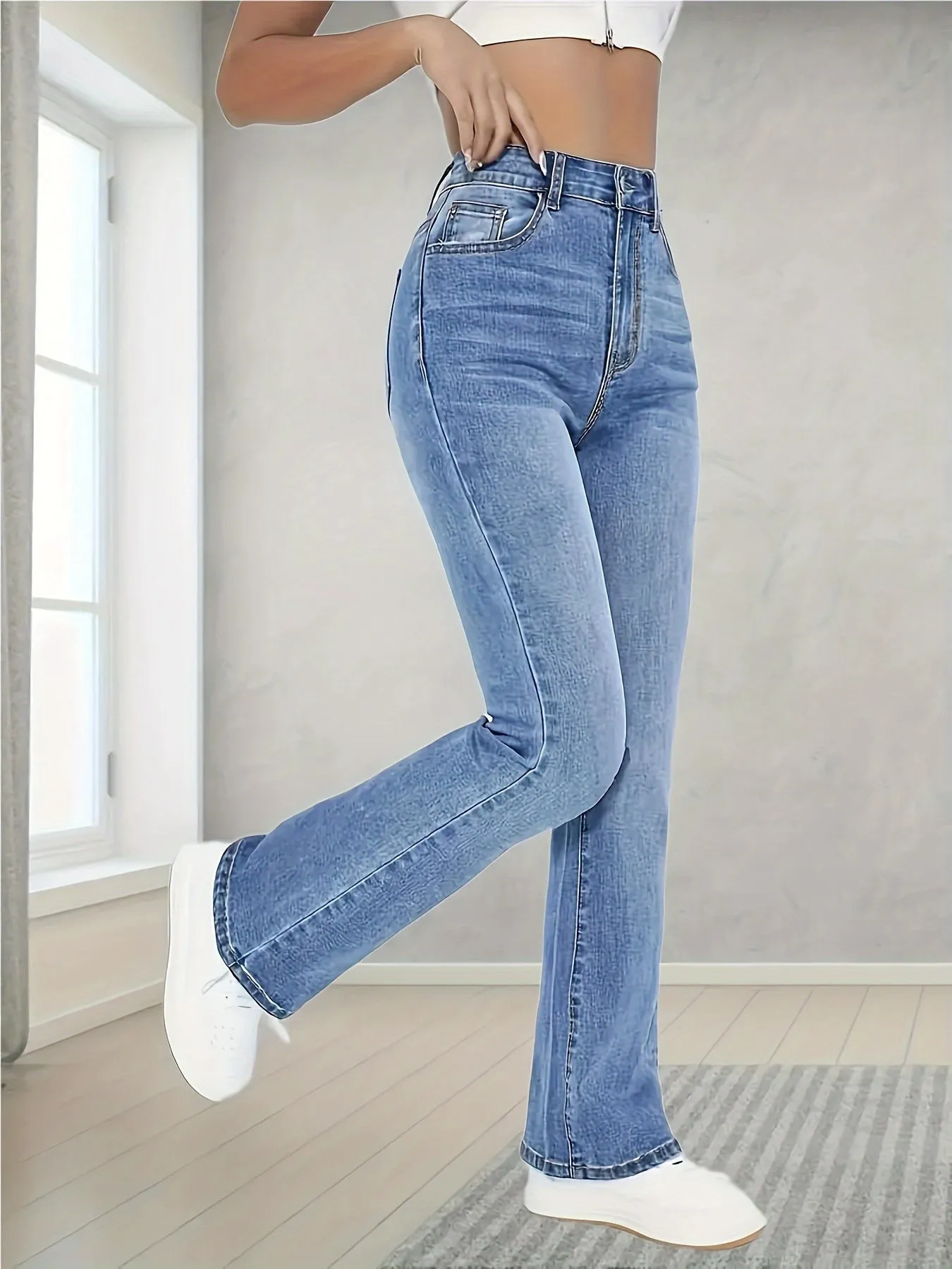 Stretchy High Waist Jeans for Women Straight Leg Denim Pants