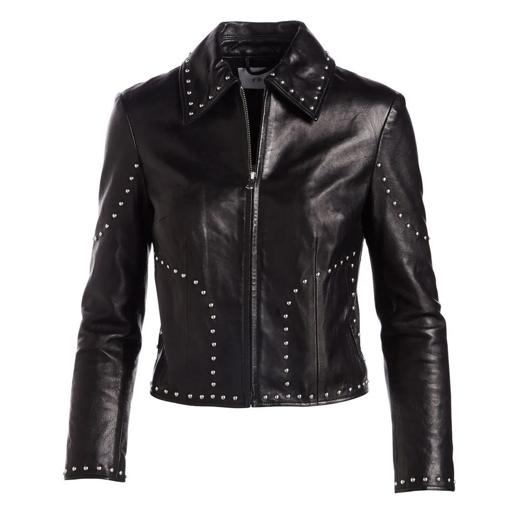 Stylish Studded Cropped Front Zip Women's Genuine Lambskin Leather biker Jacket