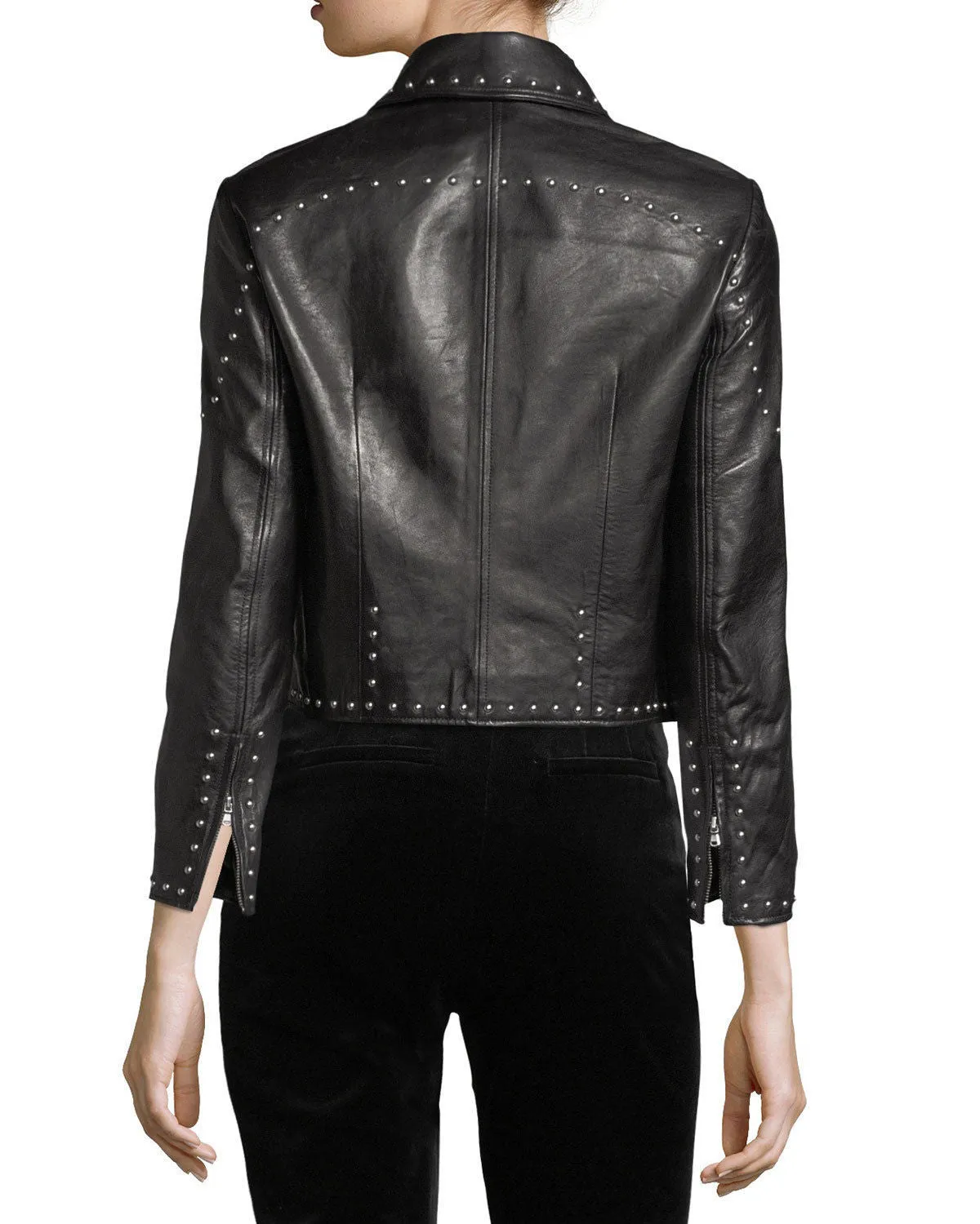 Stylish Studded Cropped Front Zip Women's Genuine Lambskin Leather biker Jacket