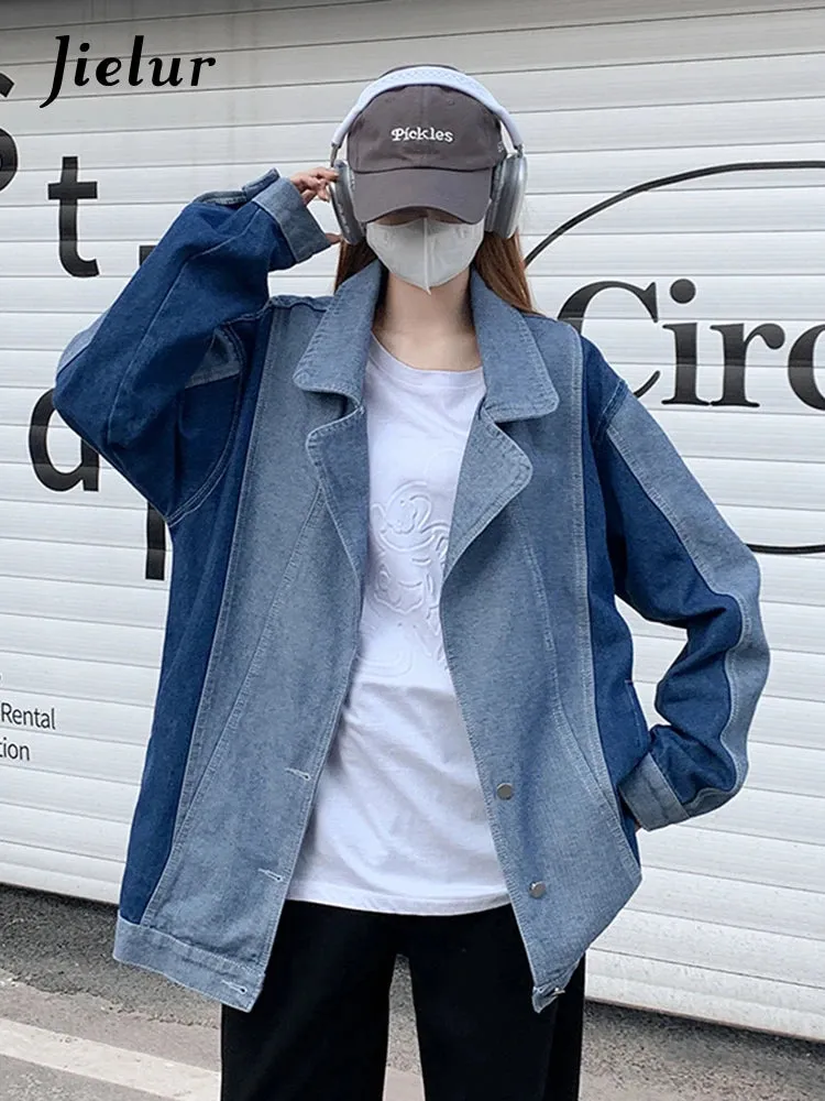 Suit Collar Denim Coat Women Autumn Winter Korean New Fashion Loose Casual Spell Color Blue Denim Jacket Female S-XL