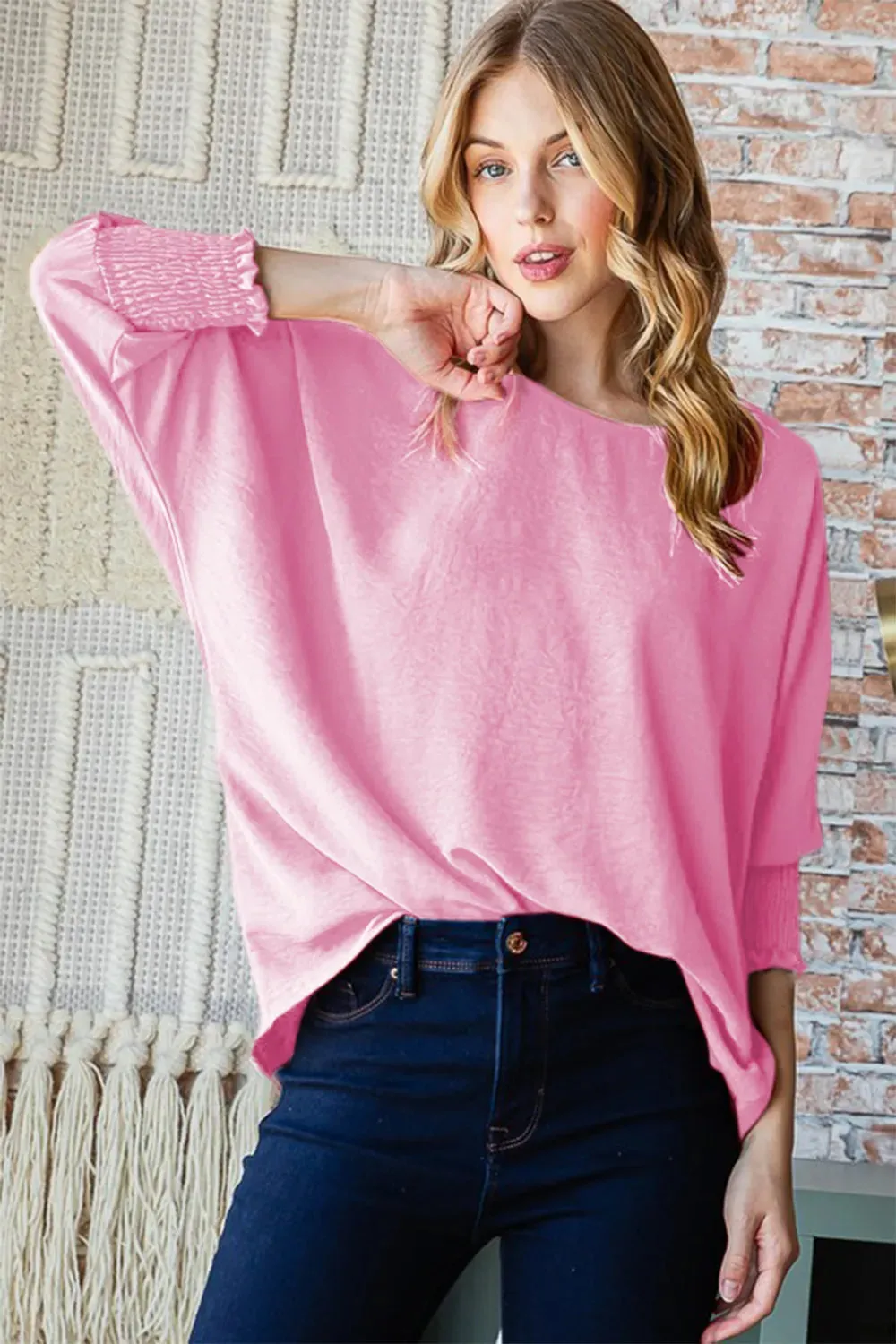 Texture Round Neck Smocked Half Sleeve Top