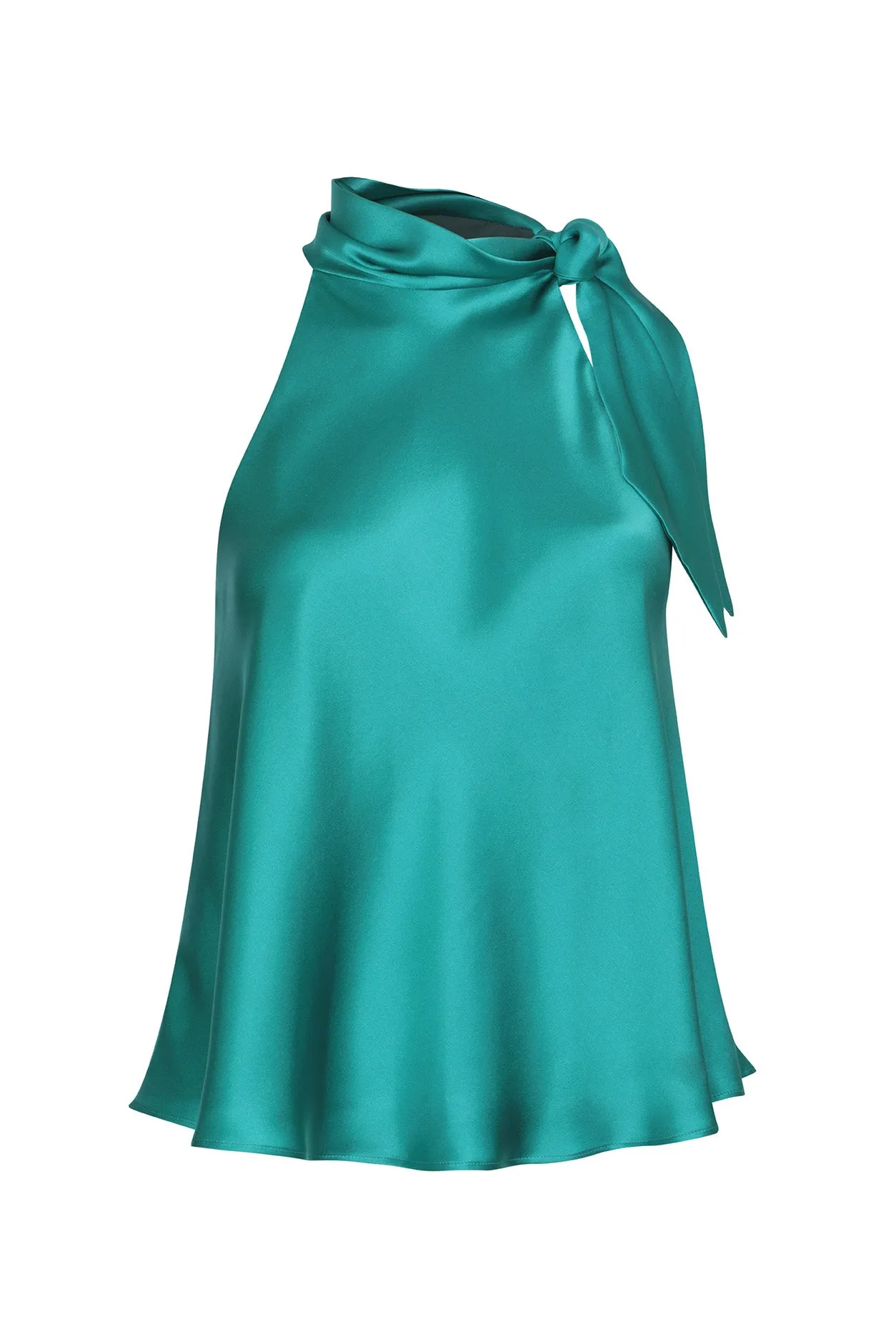 Tie-Neck Silk Satin Top in Emerald Green - Steph