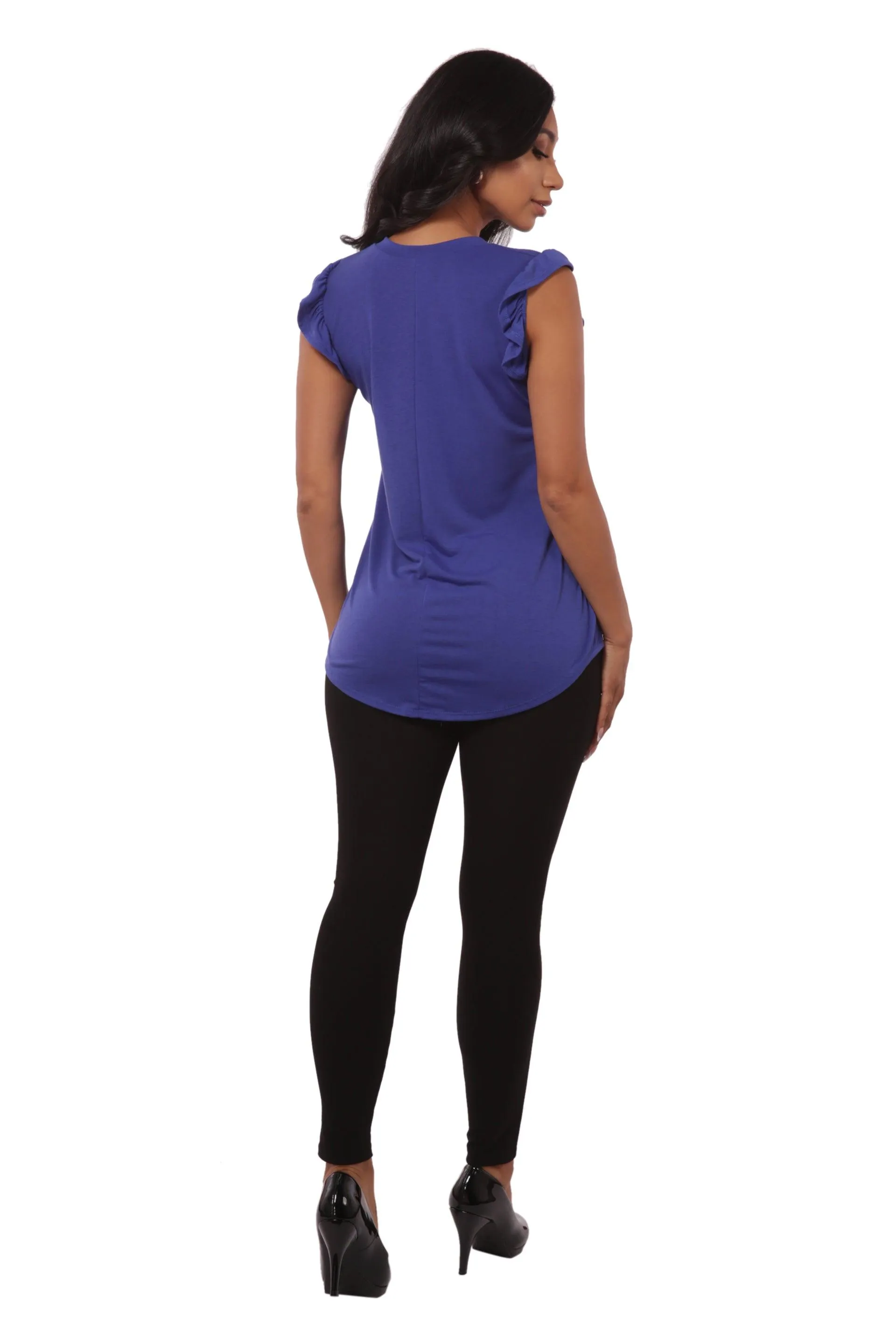 V-Neck Tops With Ruffle Armhole Detail - Blue