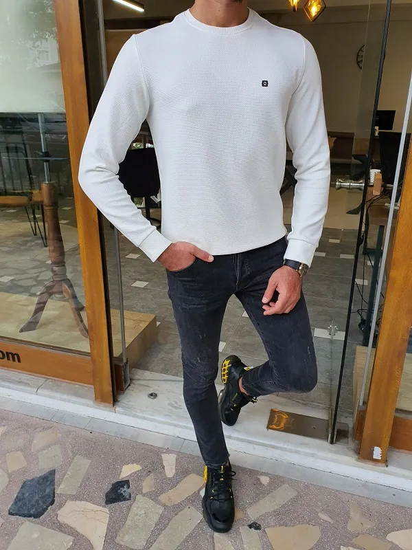 White Slim Fit Crew Neck Sweater by GentWith.com