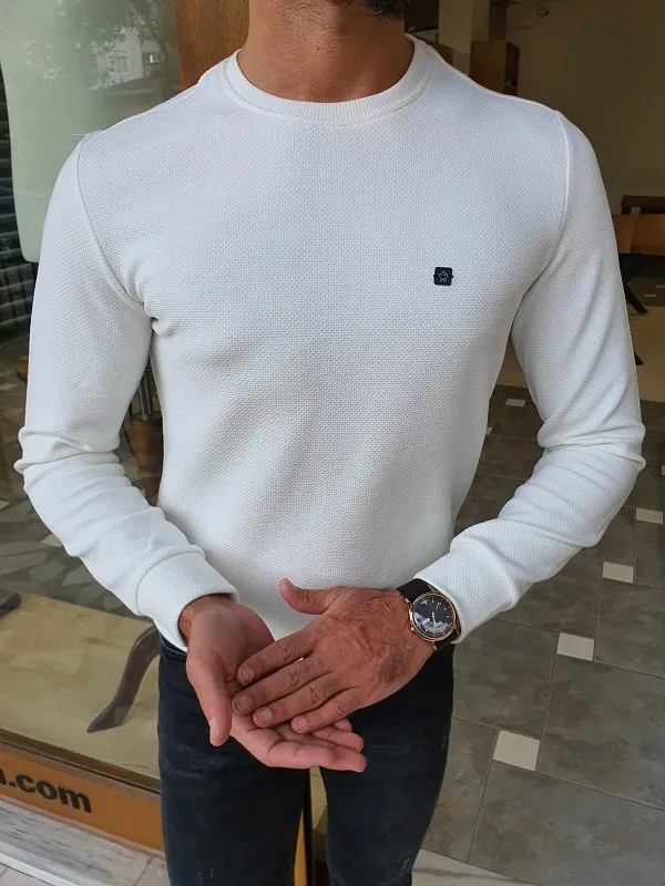 White Slim Fit Crew Neck Sweater by GentWith.com