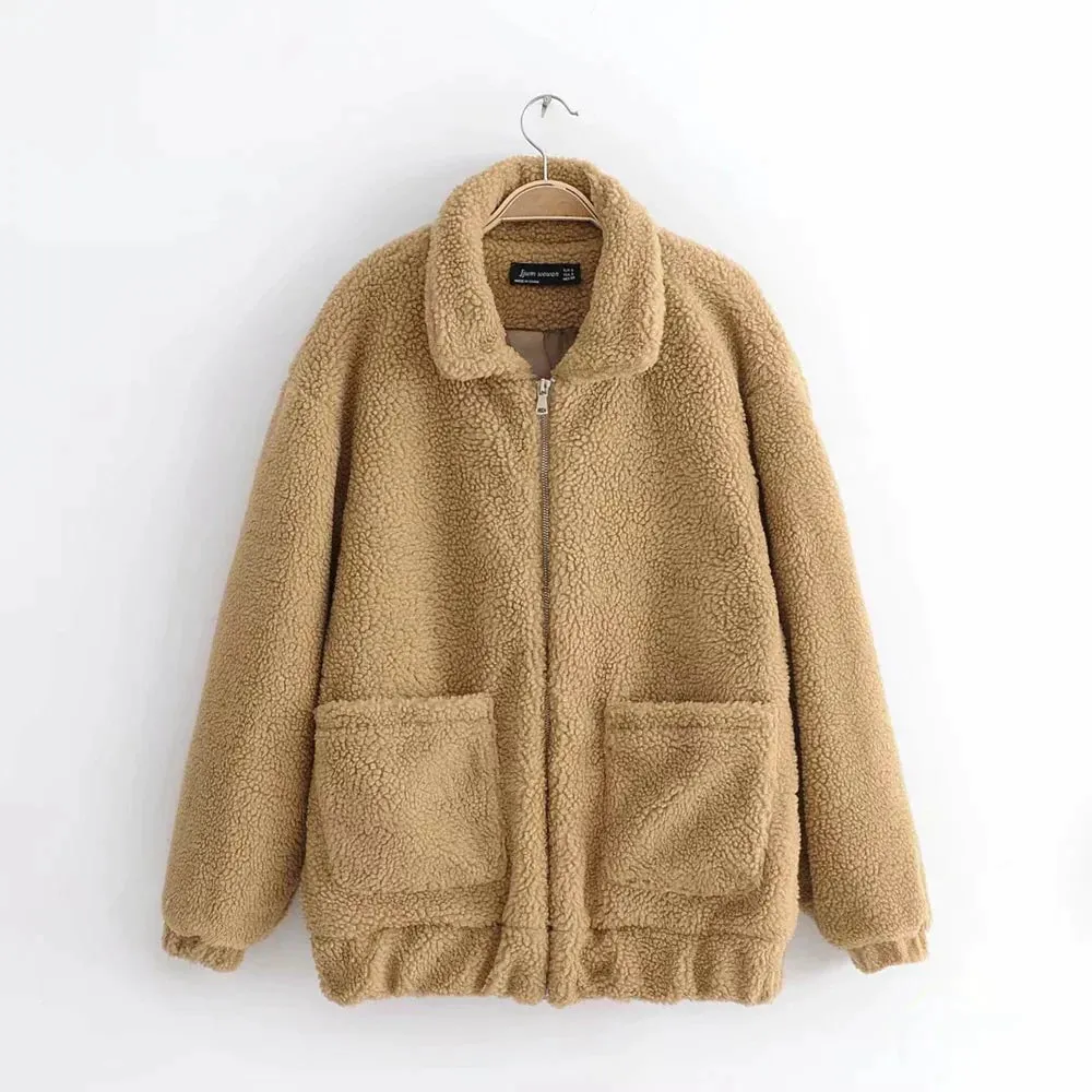 Winter warm lamb hair pocket cotton coat