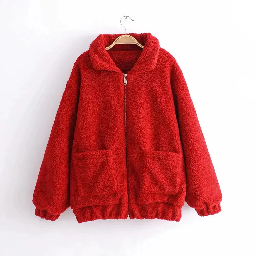 Winter warm lamb hair pocket cotton coat