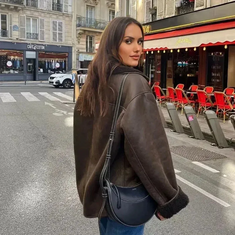 Woman Thick Faux Leather Jacket for Women Coat Plush Jacket Outerwear