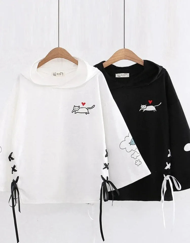 Women Black Cartoon Cat Embroidery Hooded Sweatshirt Lace Up Korean Hoodies Summer Harakuju Casual Cute