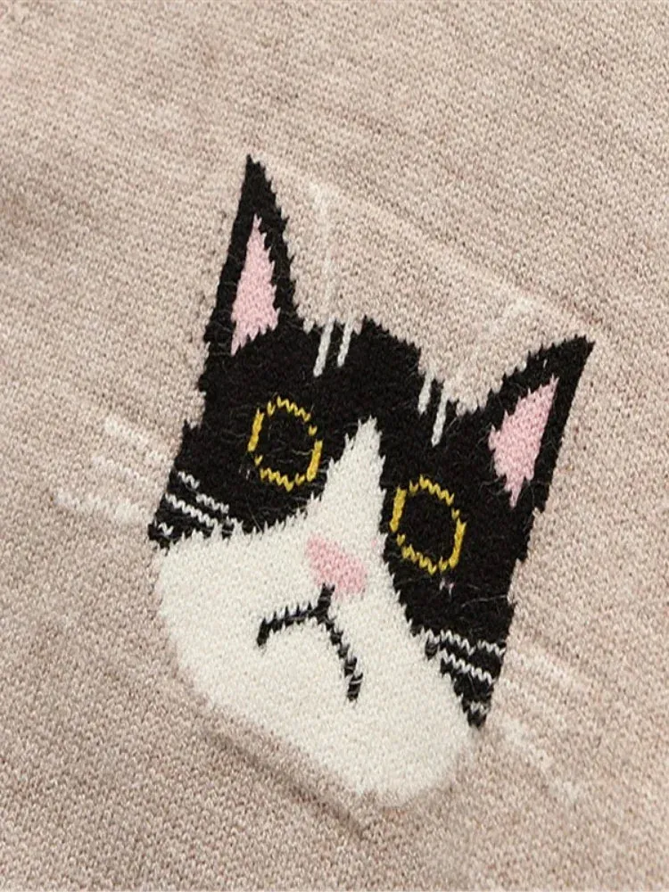 Women Cardigans Cartoon Cat Embroidery Casual Knitted Sweater Winter Long Sleeve V-neck Multicolor Button Preppy Style Top