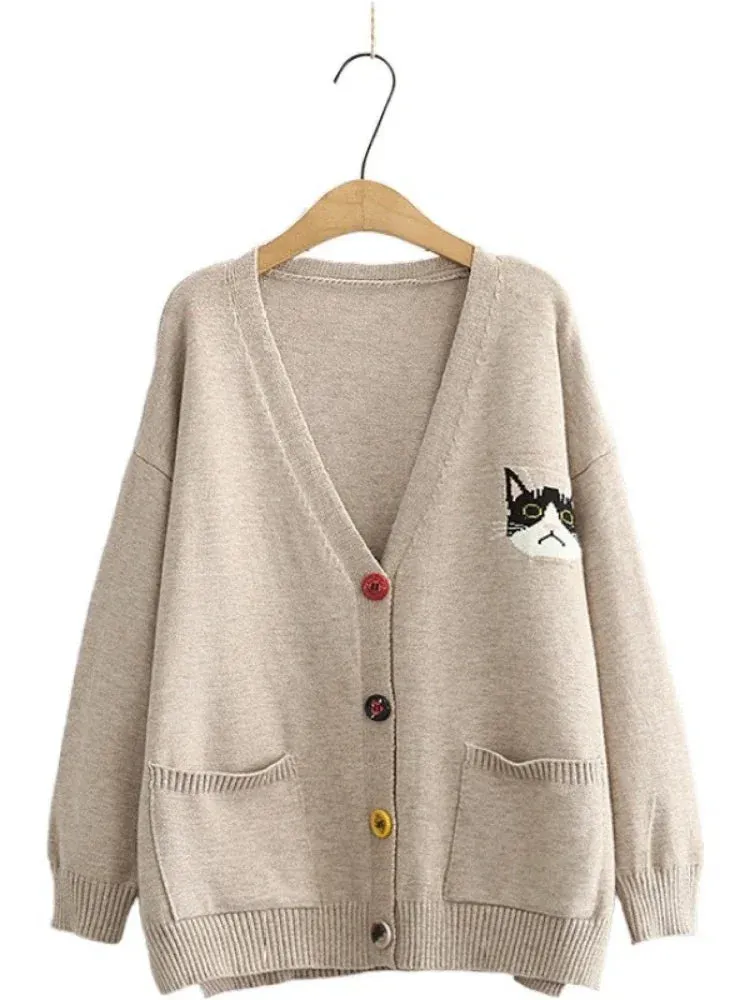 Women Cardigans Cartoon Cat Embroidery Casual Knitted Sweater Winter Long Sleeve V-neck Multicolor Button Preppy Style Top